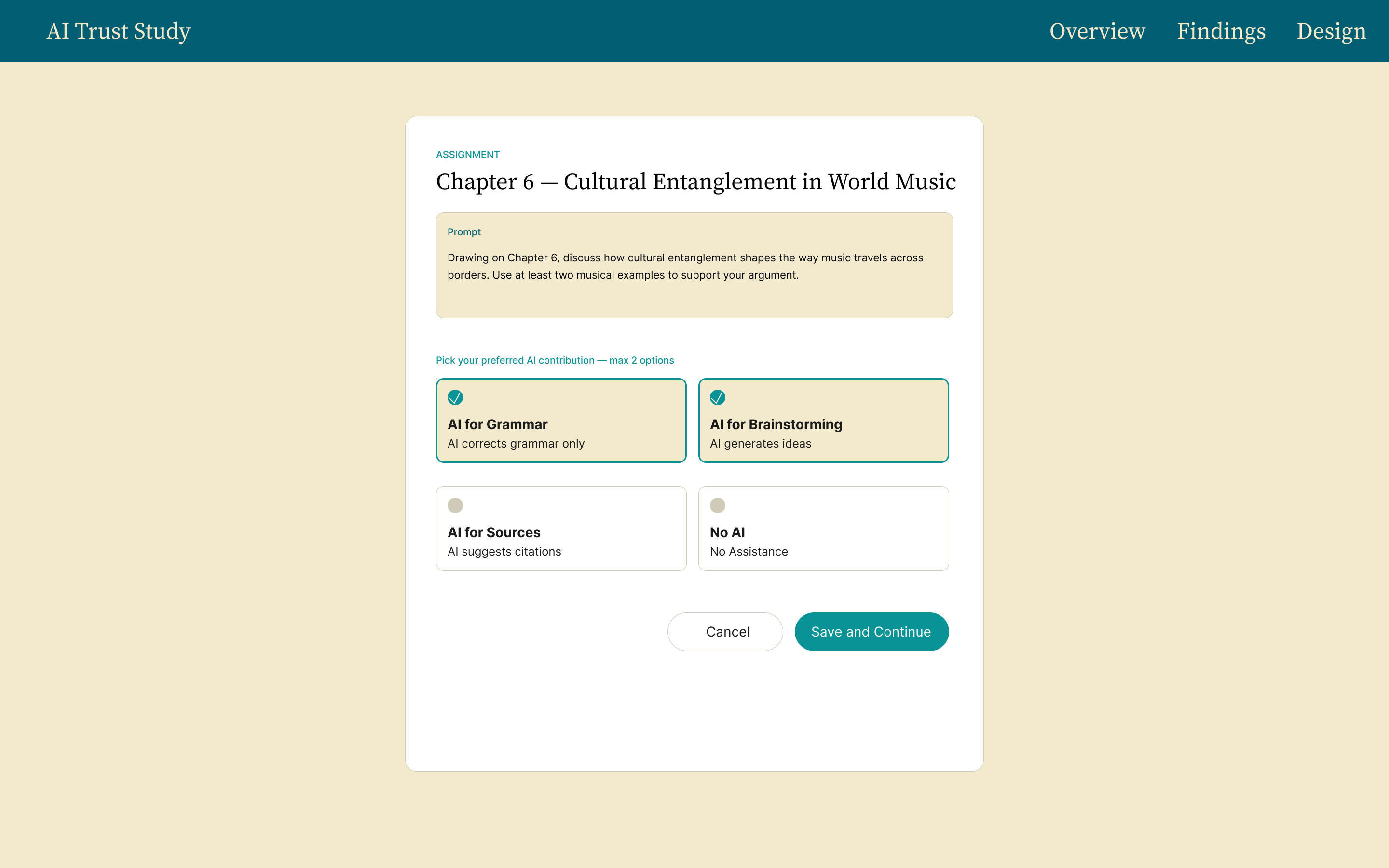 AI mode selector screen showing assignment prompt and four AI contribution options